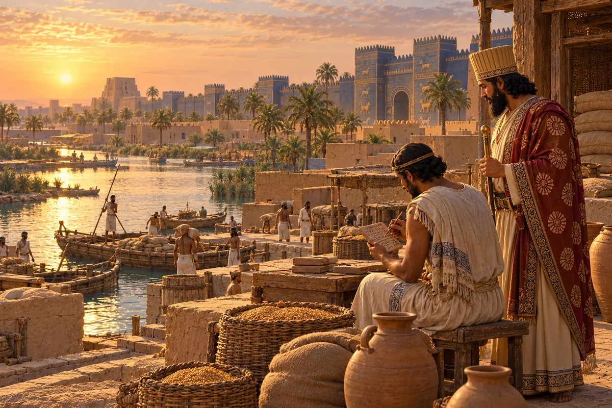 Artistic reconstruction: A Babylonian scribe and Persian official beside a riverside storehouse